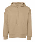 The BE136 by Bella + Canvas is a relaxed-fit hoodie in beige, featuring a front pocket and drawstrings, showcased on a plain white background.