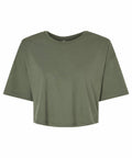 BE137 by Bella + Canvas is a plain olive green short-sleeve T-shirt on a white background.