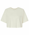 The BE137 by Bella + Canvas is a plain white cropped t-shirt featuring short sleeves and a crew neckline, set against a white backdrop.