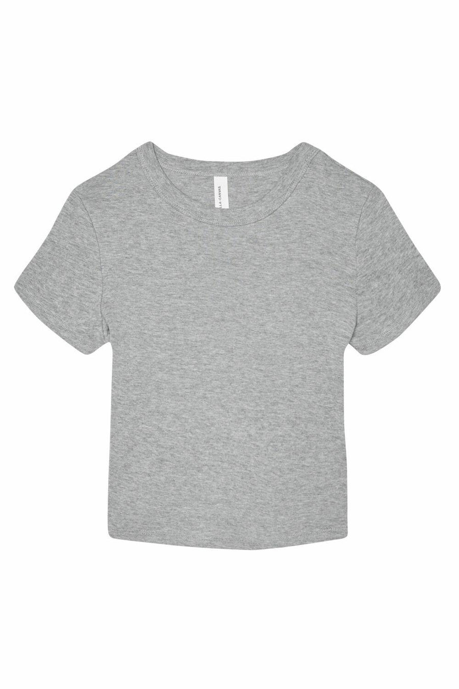 Bella + Canvas BE138 gray short-sleeve crop top displayed on a plain white background.