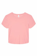 The BE138 by Bella + Canvas is a plain pink crop top featuring short sleeves and a round neckline, displayed on a white background.