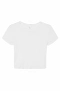 Bella + Canvas BE138: A plain white short-sleeve crop top featuring a simple round neckline, showcased against a white background.