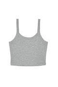 The BE139 from Bella + Canvas is a grey sleeveless crop top featuring wide straps, showcased against a white background.
