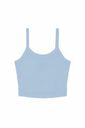 Bella + Canvas BE139, a light blue cropped tank top with spaghetti straps, displayed from the front.