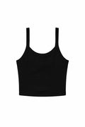 Product BE139 by Bella + Canvas, featuring a black sleeveless crop top with a square neckline, displayed on a white background.