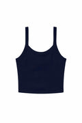 The BE139 by Bella + Canvas is a black sleeveless crop top featuring a simple, plain design and thin shoulder straps.