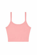 Introducing the BE139 by Bella + Canvas: a stylish cropped tank top in pink featuring spaghetti straps, showcased against a white background.