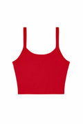 A red cropped tank top with thin shoulder straps by Bella + Canvas, known as product BE139, is displayed on a white background.