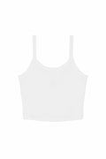 The BE139, a plain white cropped tank top with thin shoulder straps by Bella + Canvas, is displayed against a white background.