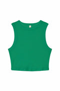 The Bella + Canvas BE140 crop top features a sleeveless design and a round neckline, showcased on a white background.