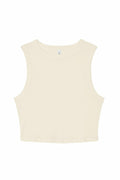 The BE140 by Bella + Canvas is a sleeveless, cream-colored crop top featuring a round neckline, displayed flat on a white background.