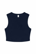 A Bella + Canvas BE140 in navy blue is showcased against a white background. This sleeveless crop top features a simple, fitted design with a round neckline.