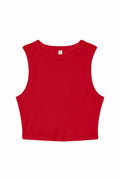 The BE140, a vibrant red sleeveless crop top by Bella + Canvas, features a round neckline with a simple, minimalist design set against a white background.