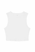 The BE140 by Bella + Canvas is a minimalist white crop top featuring a round neckline and a sleeveless design, showcased against a plain white background.