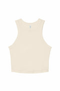 The BE141 by Bella + Canvas is a cream-colored sleeveless crop top featuring a high neckline and a simple design, showcased against a white background.