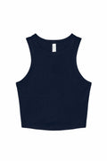 The Bella + Canvas BE141 sleeveless crop top, featuring a plain black design with a round neckline, is laid flat on a plain white background.