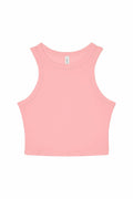 The Bella + Canvas BE141 is a light pink, sleeveless cropped tank top featuring a round neckline, set against a plain white background.