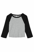 A Bella + Canvas BE142 grey and black long-sleeve raglan shirt displayed on a white background.