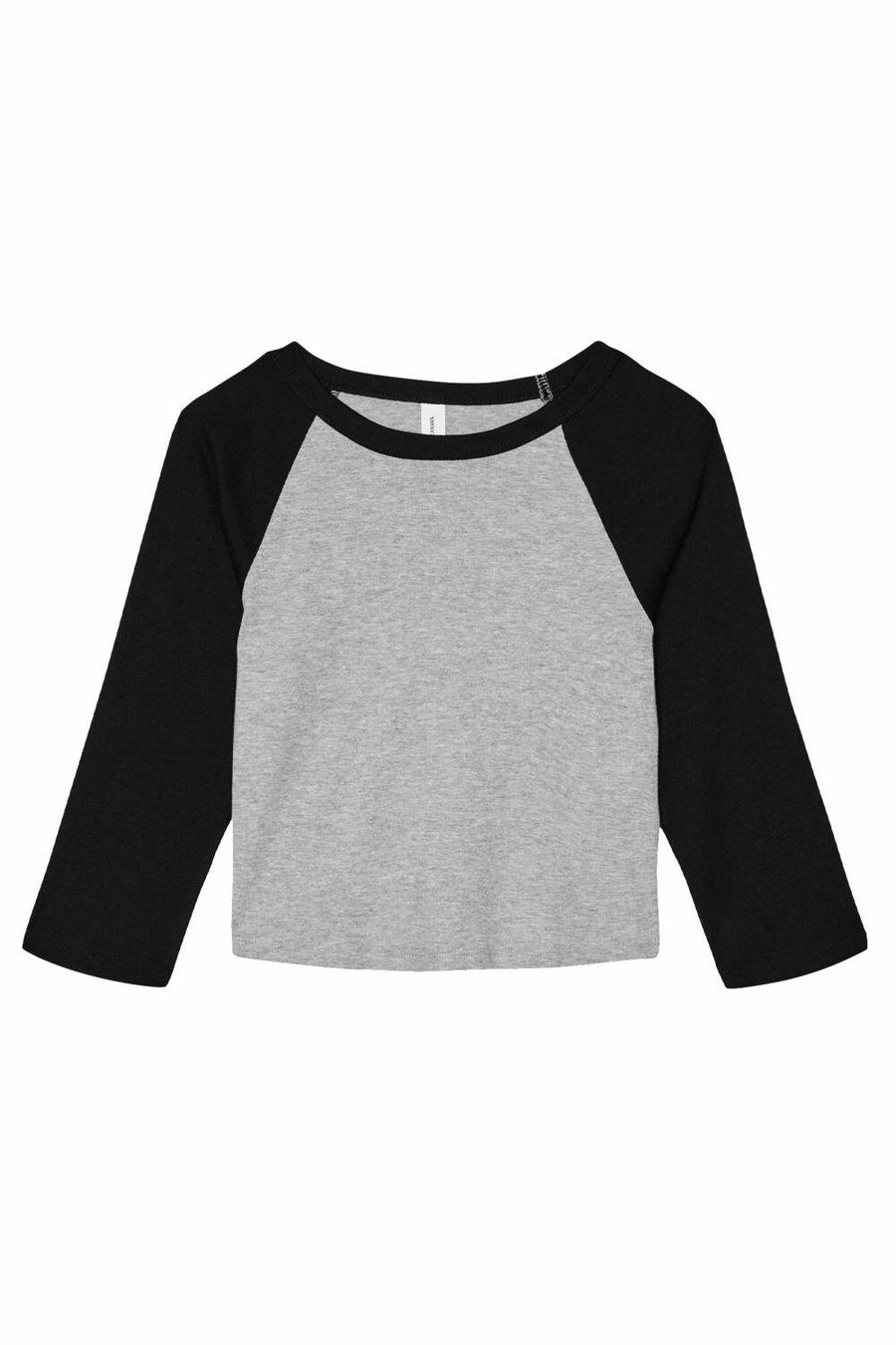 A Bella + Canvas BE142 grey and black long-sleeve raglan shirt displayed on a white background.
