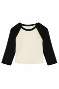 Bella + Canvas BE142: A stylish long-sleeve baseball tee featuring black sleeves and a white body.