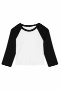 The BE142 long-sleeve raglan shirt by Bella + Canvas is displayed in a black and white color scheme.