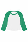 The BE142 by Bella + Canvas is a long-sleeve raglan shirt with white fabric and green sleeves.