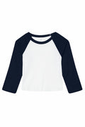 The Bella + Canvas BE142 shirt, featuring black long sleeves and a white body, is laid flat. This shirt offers a simple, casual design perfect for everyday wear.
