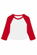 The Bella + Canvas BE142 is a plain white long-sleeve t-shirt featuring red raglan sleeves, displayed flat on a white background.