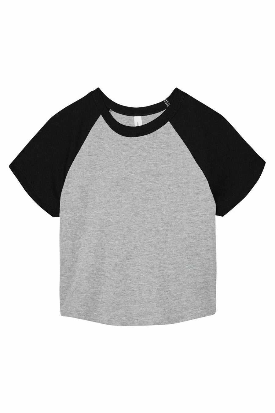 The Bella + Canvas BE143, a crop top with short sleeves and a baseball-style design in gray and black featuring a round neckline, is displayed on a white background.