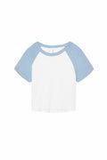 A Bella + Canvas BE143 white t-shirt with light blue raglan sleeves.
