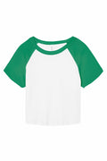 Introducing the BE143 by Bella + Canvas, a short sleeve raglan t-shirt featuring green sleeves and collar with a white body. The shirt is showcased against a plain background.