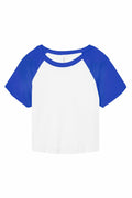 The Bella + Canvas BE143 is a short-sleeve raglan t-shirt featuring a white body and blue sleeves, showcased against a plain background.