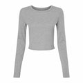 The BE144 by Bella + Canvas is a gray long-sleeve cropped shirt displayed on a white background.