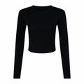 Product BE144 from Bella + Canvas is presented as a black long-sleeve cropped top displayed against a white background.