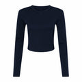 A Bella + Canvas BE144 long-sleeve crop top in black, featuring a round neckline, displayed against a white background.