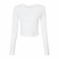 The BE144, a plain white long-sleeve crew neck crop top from Bella + Canvas, is showcased against a white background. The fabric looks lightweight and fitted, highlighting its simple yet stylish design.