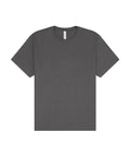 A dark grey, short-sleeved crew neck T-shirt is laid flat on a white background.
