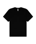A T-shirt product in plain black with short sleeves and a crew neck is laid flat on a white background.