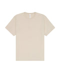 A beige T-shirt product with short sleeves and a crew neckline is laid flat on a white background, showing its plain front without any logos or designs.