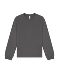 A solid dark grey, long-sleeve crew neck T-shirt with ribbed cuffs and a straight hem, laid flat on a white background.