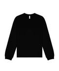 A plain black long-sleeve T-shirt is laid flat on a white background, displaying the front side with no visible logos or designs.