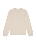 A beige, long-sleeve crew neck T-shirt with a straight hem and ribbed cuffs is laid flat on a white background.
