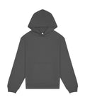 A plain dark grey hoodie sweatshirt with long sleeves, a front kangaroo pocket, ribbed cuffs and hem, and no visible logos or designs is displayed on a white background.