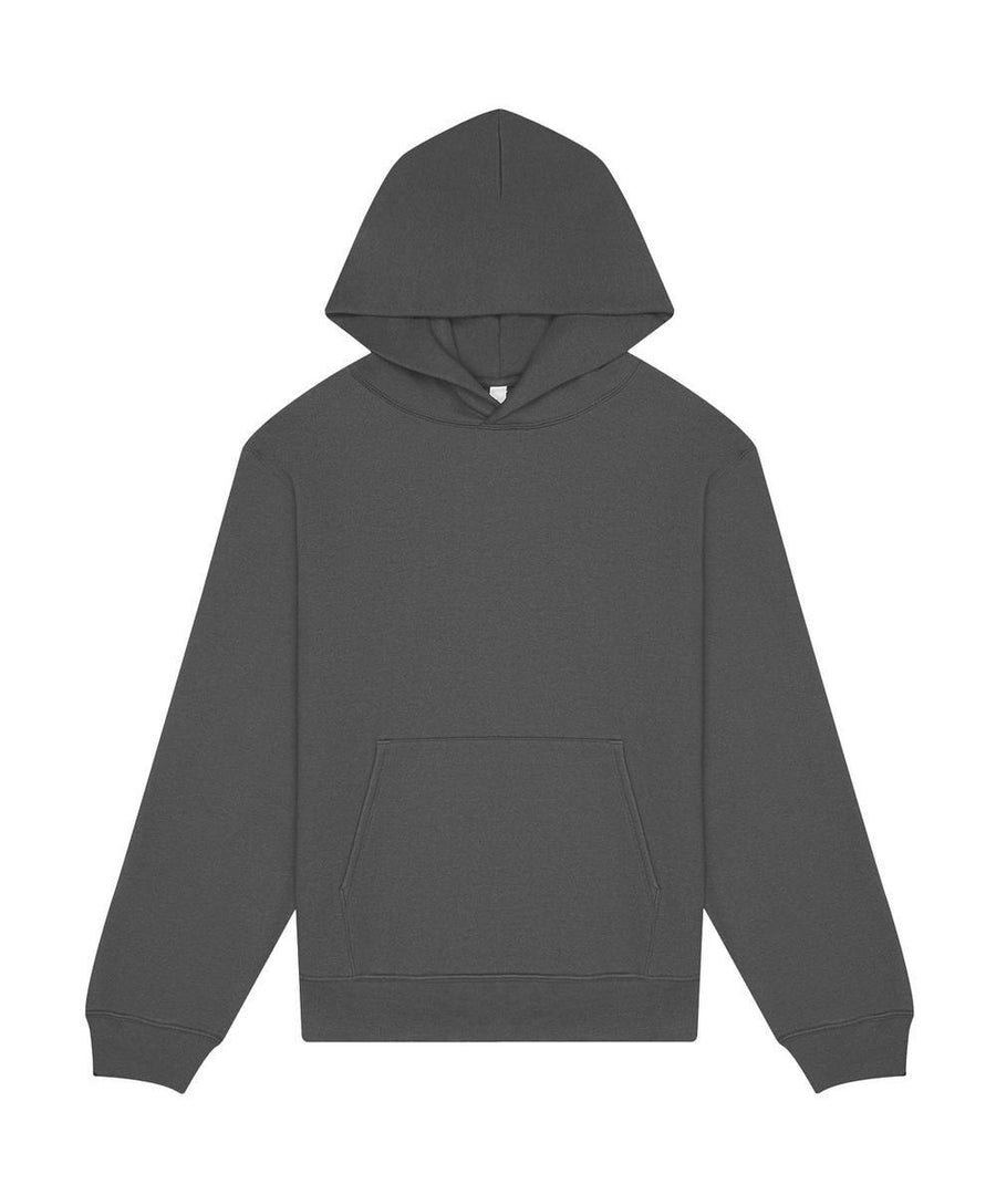 A plain dark grey hoodie sweatshirt with long sleeves, a front kangaroo pocket, ribbed cuffs and hem, and no visible logos or designs is displayed on a white background.