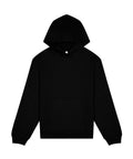 A black hooded sweatshirt with a hood, long sleeves, front kangaroo pocket, and ribbed cuffs and hem is shown on a white background.