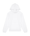 A plain white hoodie sweatshirt with a hood, long sleeves, and a front pouch pocket, shown laid flat on a white background without any visible logos or designs.