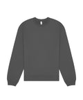 A plain dark grey sweatshirt crewneck with long sleeves, ribbed cuffs, collar, and waistband is laid flat on a white background.