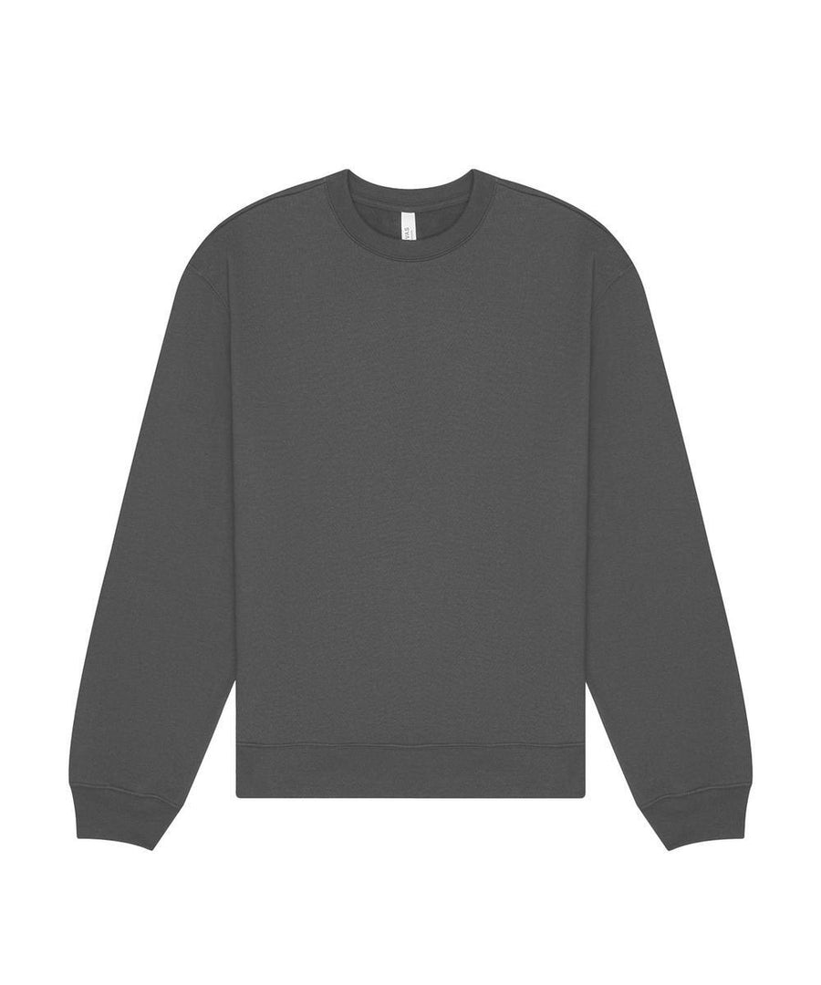 A plain dark grey sweatshirt crewneck with long sleeves, ribbed cuffs, collar, and waistband is laid flat on a white background.