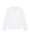 The Sweatshirts product is a plain white crew neck with long sleeves, classic fit, and features ribbed cuffs, collar, and waistband. Displayed laid flat on a white background.