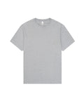 A light grey, short-sleeve crew neck T-shirt is laid flat on a white background.